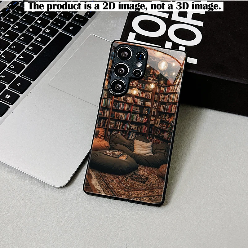 Shockproof Black Glass Phone Case 2D Print Warm Light Dark Wood Bookshelf Pattern Full Protection For Samsung S26 S25 S24 A55 A5