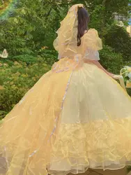 Yellow Lace Embroidery Flower Married Lolita Jsk Princess Dress Pannier Women Lolita Wedding Dress Christmas Costume