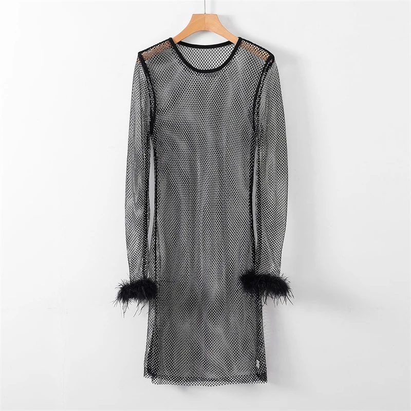 Damen Strass-Mesh-Midikleid, Durchsichtiges Netzkleid, Figurbetont, Glitzernd, Transparent, für Party, Nachtclub, Festival, Rave, Cocktail, Clubwear – Detail 3