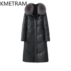 Real Sheepskin Leather Down Coats Women Clothing Fox Fur Collar Puffer Jacket with Hood Winter Long Coat Woman 2024 пуховик