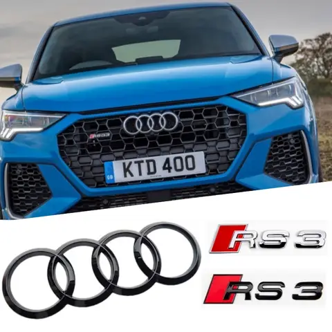 4-Ring Logo Emblem for Audi RS3 2016-2020 Sline ABS Glossy Black Silver Car Hood Front Grill Rear Trunk Badge Modified Sticker