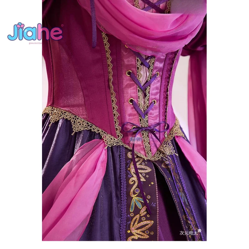 أزياء رابونزيل التأثيرية لفيلم القرون الوسطى الرائع للفتيات البالغات فستان الأميرة أغطية الرأس قلادة زي الهالوين مجموعة رابونزيل الجديدة