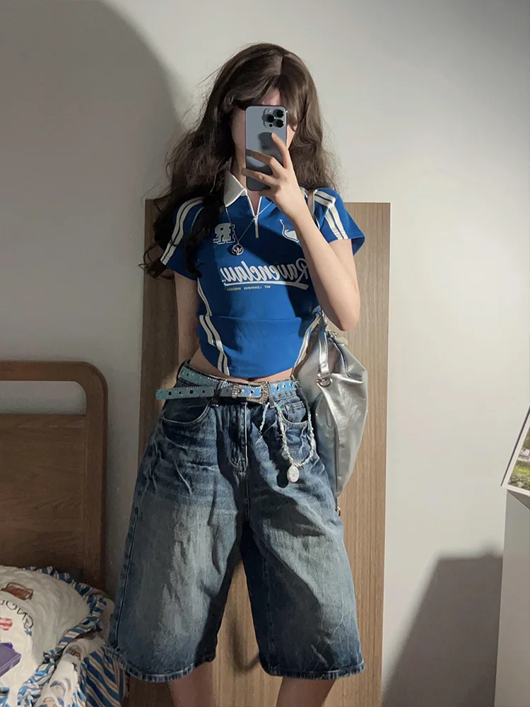 เสื้อยืดสไตล์อเมริกันย้อนยุค คอปกแบบสเวตเชิ้ต ลายทาง สำหรับผู้หญิง ใส่สบายช่วงฤดูร้อน ทรงสลิม หรือแบบยาว