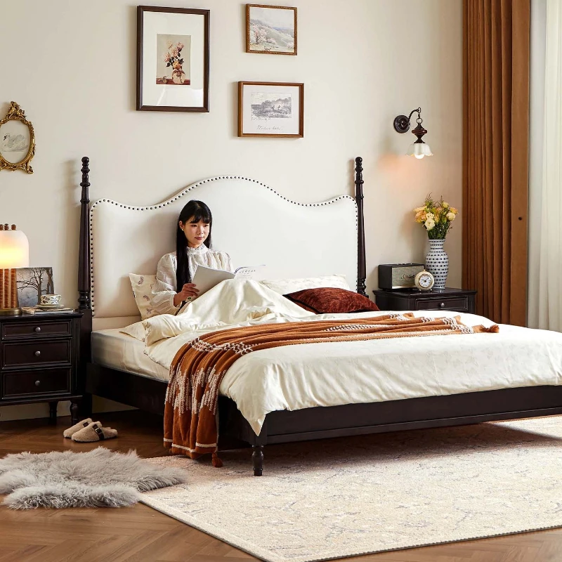 

Solid wood bed All solid wood master bedroom wedding bed American soft leatherSmall apartment double