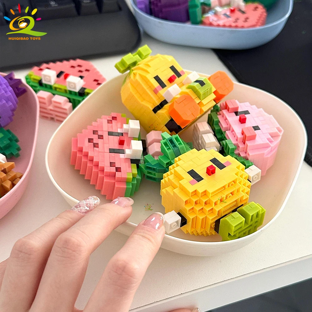 HUIQIBAO Mini Cute Delicious Fruit Micro Building Blocks 3D Diamond Model Food Bricks DIY City Construction Toys for Children