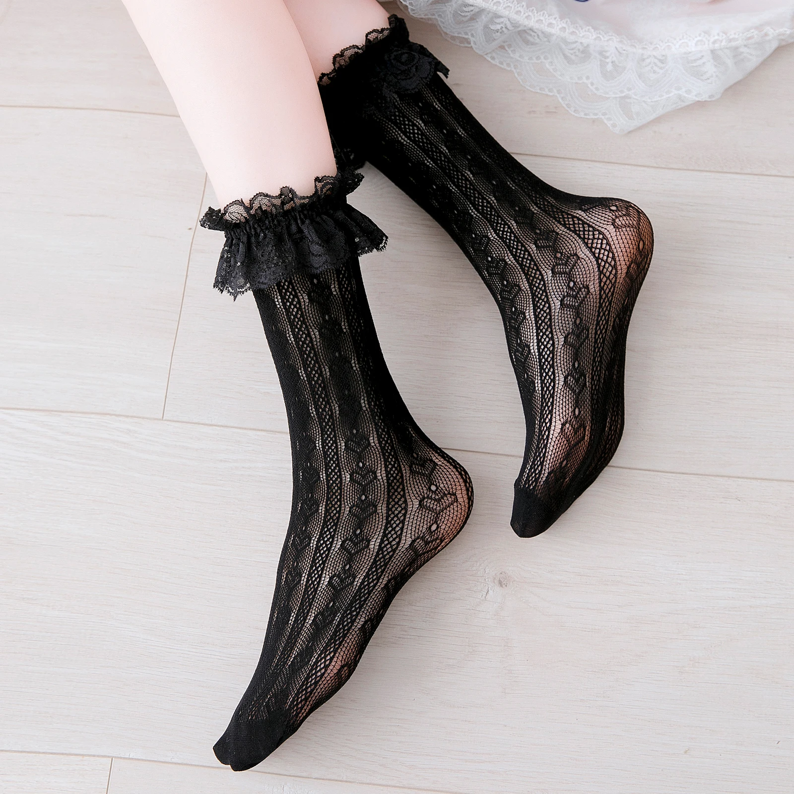 Japan Style Sexy Lace Ruffle Socks Ultra-thin Transparent Summer Hollow Mesh Crew Socks Women Fashion Harajuku Retro Long Socks