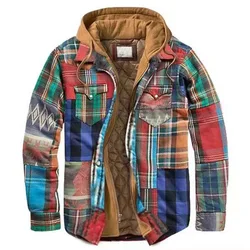 Mens Autumn Winter Hooded Jacket Harajuku Plaid Zipper Long Sleeve Coats Basic Casual Shirt Jackets European American Size S-5XL