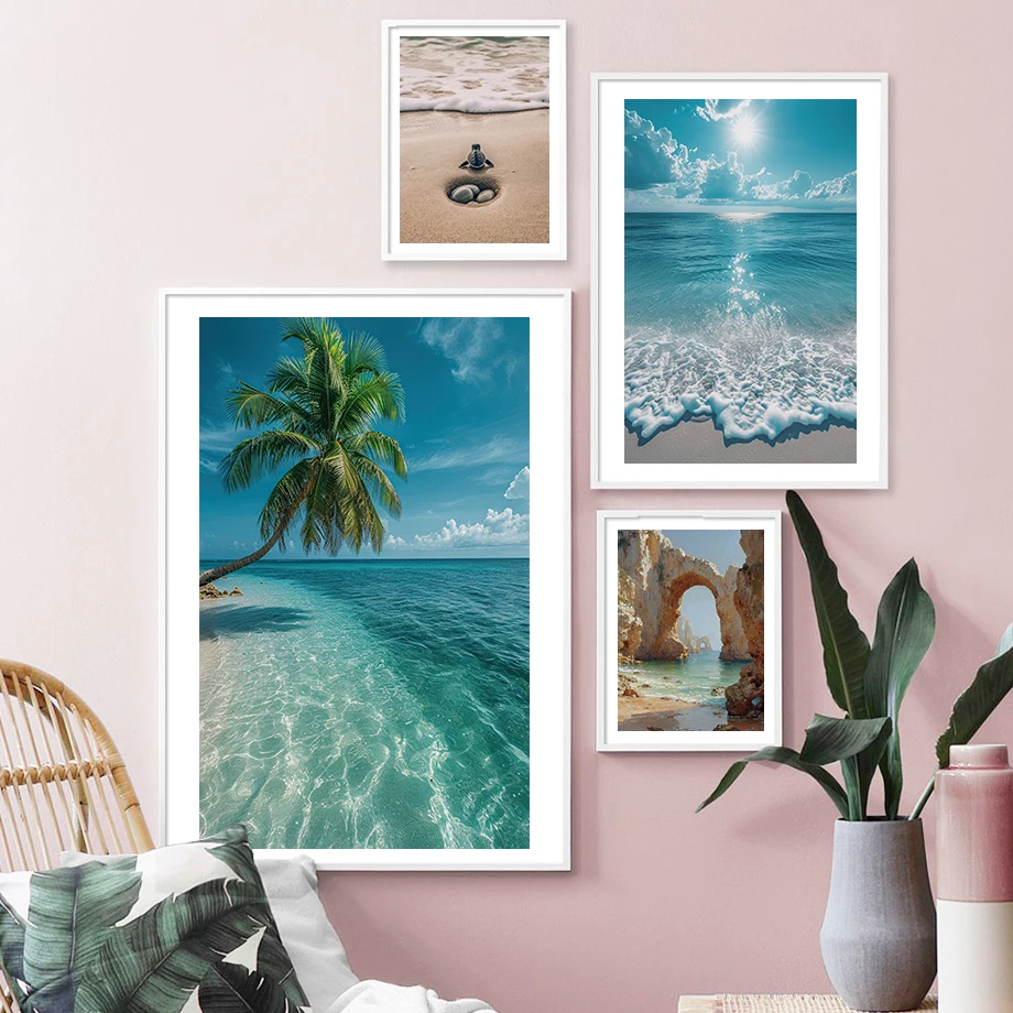 Strand Schildkröte Meereswellen Palm Beach Landschaftskunst Poster Dekoration Wandkunst Leinwanddruck Nordisches Poster Wohnzimmer D