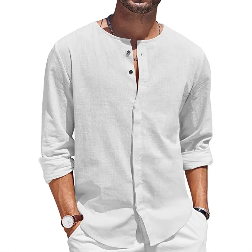 Camicia da spiaggia casual con collo a bottoni a maniche lunghe in cotone e lino tinta unita moda casual da uomo nuova