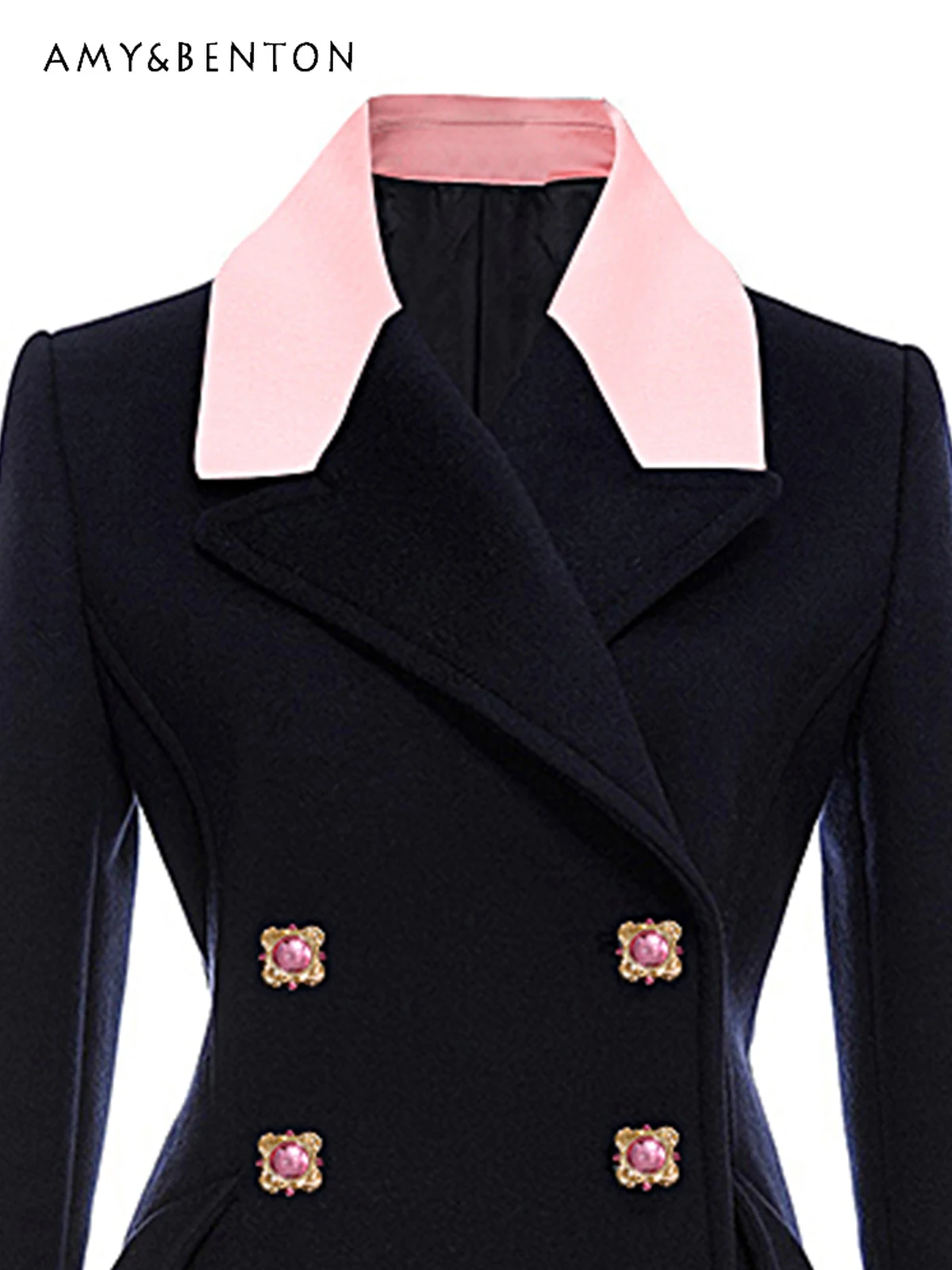 High-End Black Elegant Double Breasted Suit Wool Coat Women Elegant Graceful Patchwork Long Sleeve Slim Midi A-line Jackets