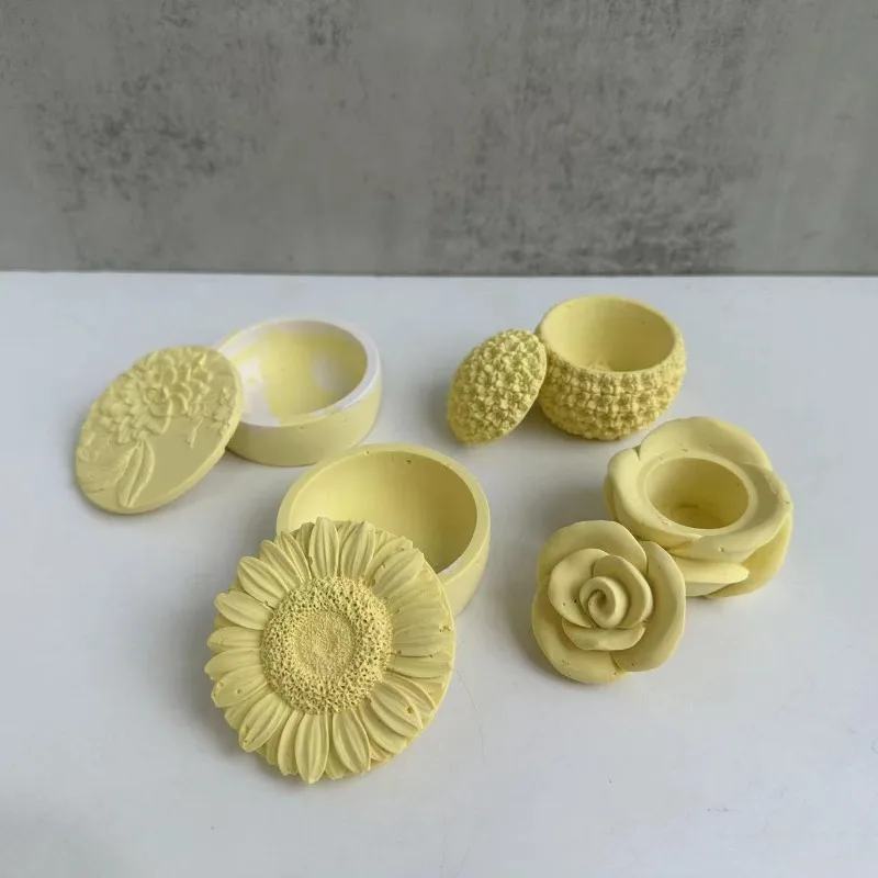 

Sunflower Rose Candle Jar Silicone Mold with Lid DIY Flower Concrete Plaster Cement Storage Box Candle Jar Moulds Home Decor