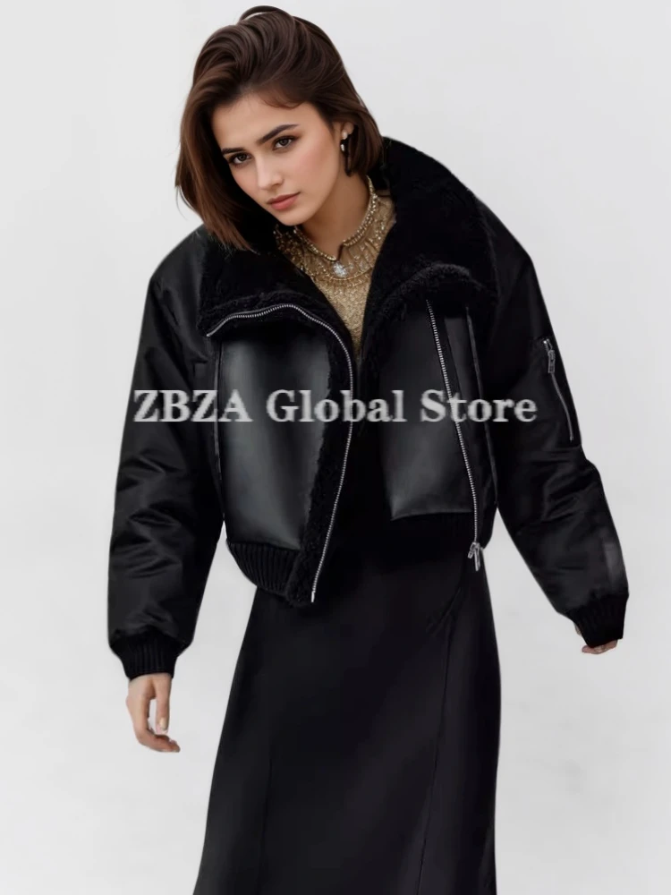 ZBZA Women Vintage Spliced Faux Wool Jacket Coat  Long Sleeves Lapel Oblique Zip Pocket Warm Outerwear Winter New Female Jacket