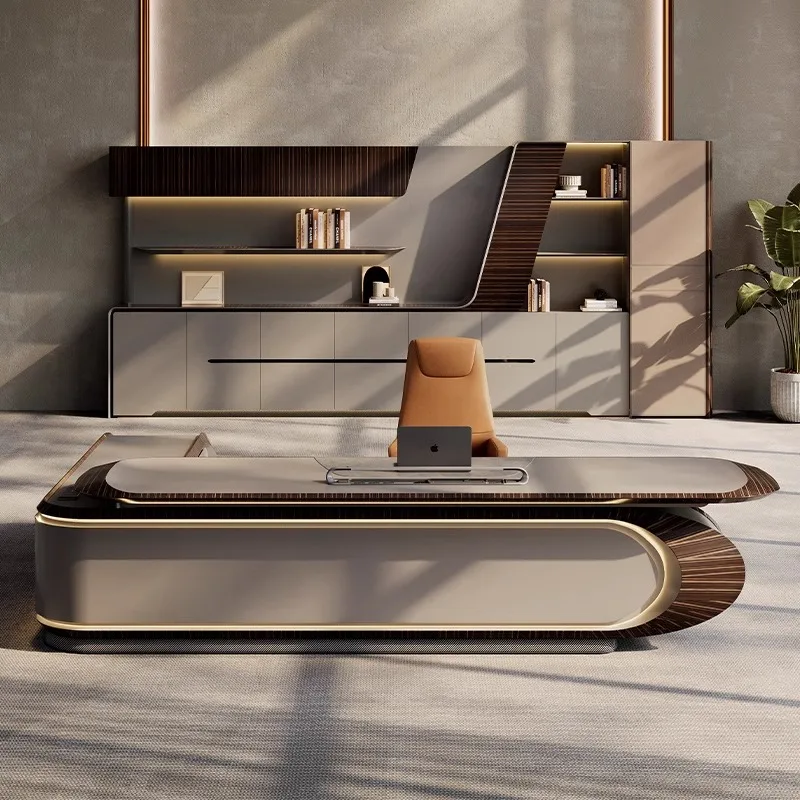 IY*  Light Luxury Executive Desk Chair Set Simple Fashion Oak Boss Desk L-Shaped Wooden Side Cabinet Bookcase Office Building