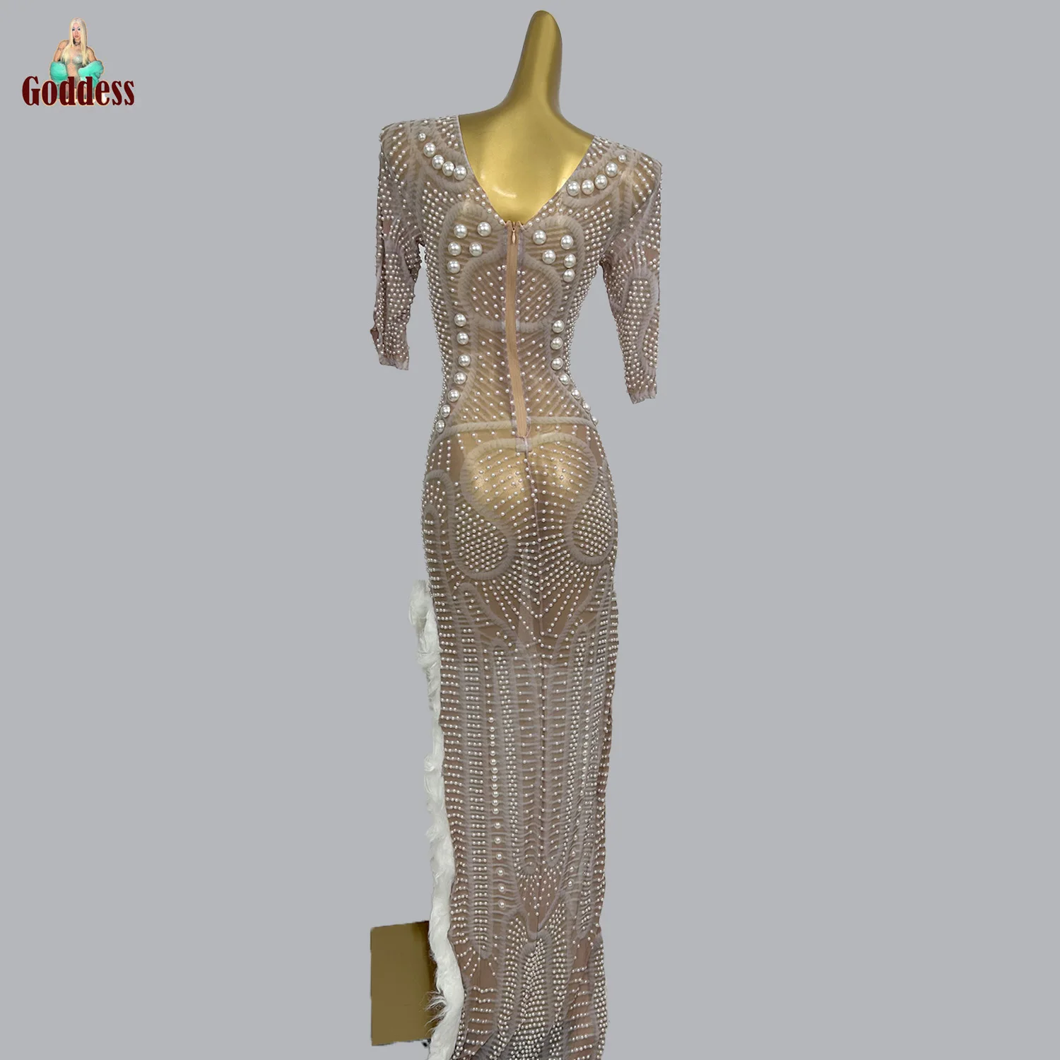 Robe longue en maille transparente pour femmes, perles blanches scintillantes, Sexy, fente latérale haute, vêtements de soirée, de Club, Costumes de bal sur scène