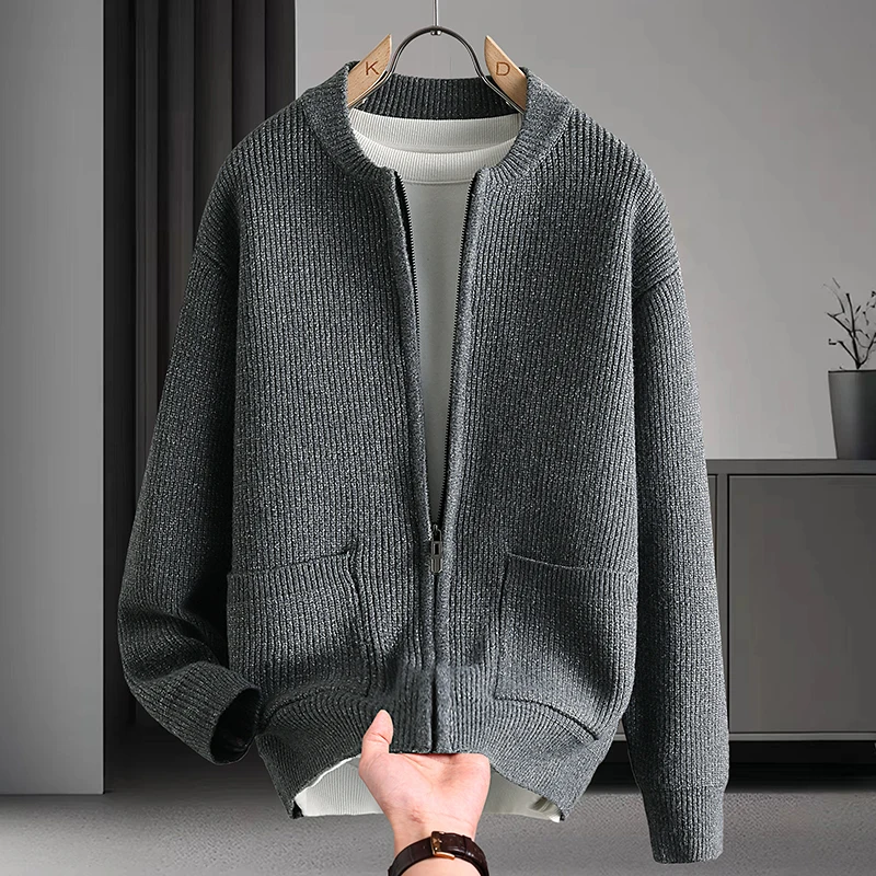 

Мужской вязаный кардиган на молнии, повседневная верхняя одежда из утолщенного полиэфирного волокна, мягкий, удобный, стандартный крой, длинный рукав