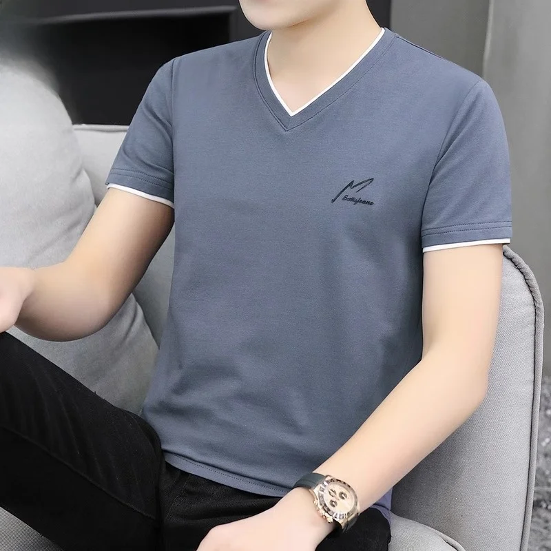 

Мужская футболка с коротким рукавом и V-образным вырезом, повседневный летний топ, новая модная одежда, хлопок, полиэстер, смесовая ткань, антибактериальная обработка.