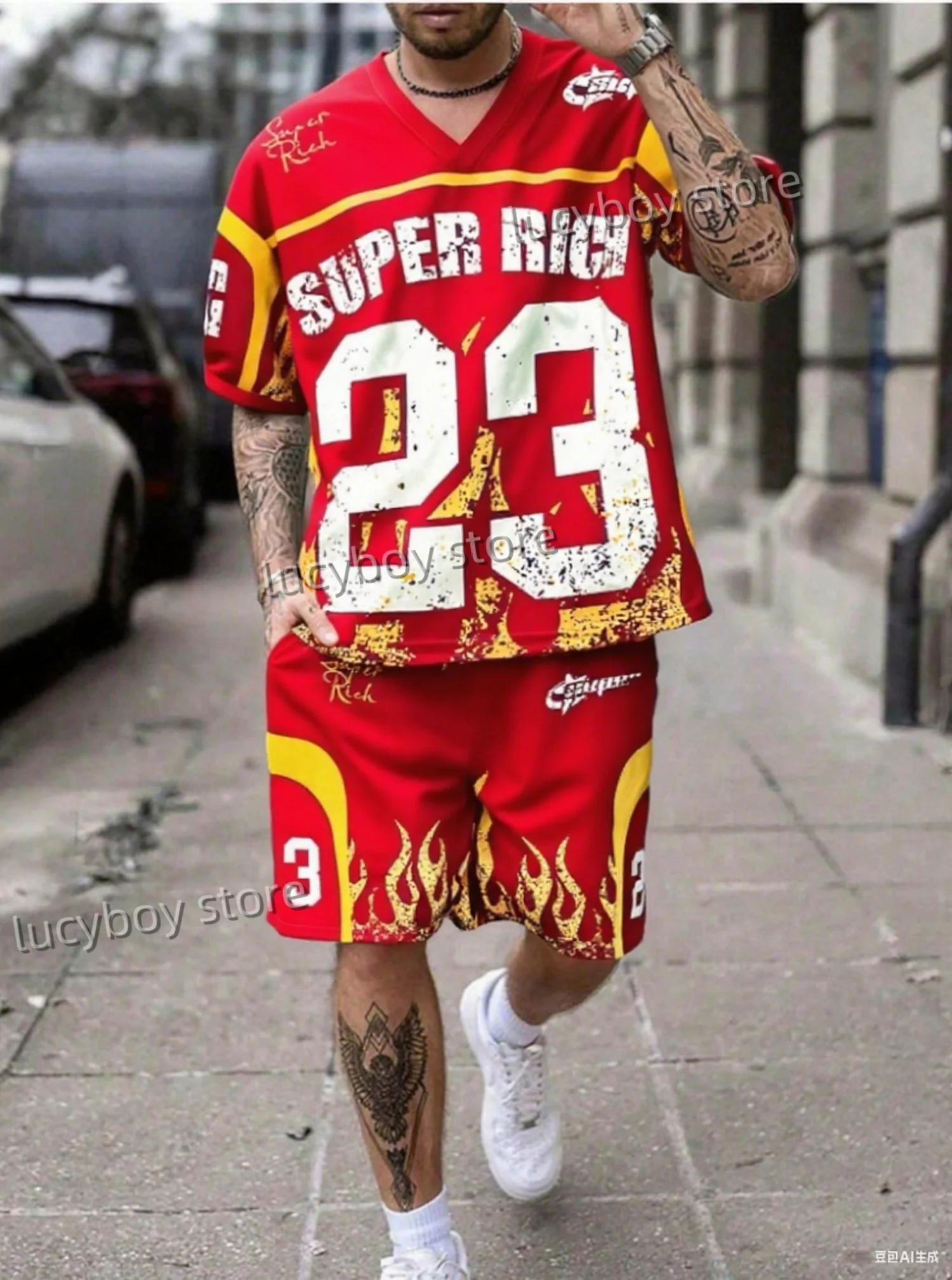 Summer Super Rich No.23 Print Men's Short Sleeve V-Neck T-Shirt Shorts Set Adult Basketball Jogging 2 Piece Set Men Clothing