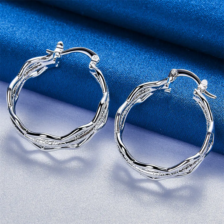 Charm 925 Sterling Silver 27mm Exquisite Triple Layer Wave Hollow Earrings Women Fashion Gift Accessories Party Jewelry