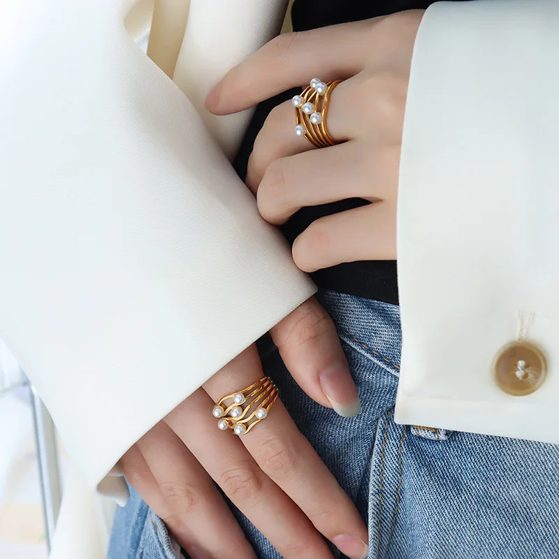 Imitation Pearl Ring Vintage Ripple Wave French Classical Simple Temperament Ring Fashion Ins Jewelry Gifts