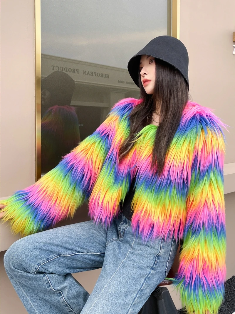 Original Design Female Fashion Rainbow Color Faux Fur Coat Lady Shaggy Outerwear Women\'s Winter Jacket Factory Direct Sales