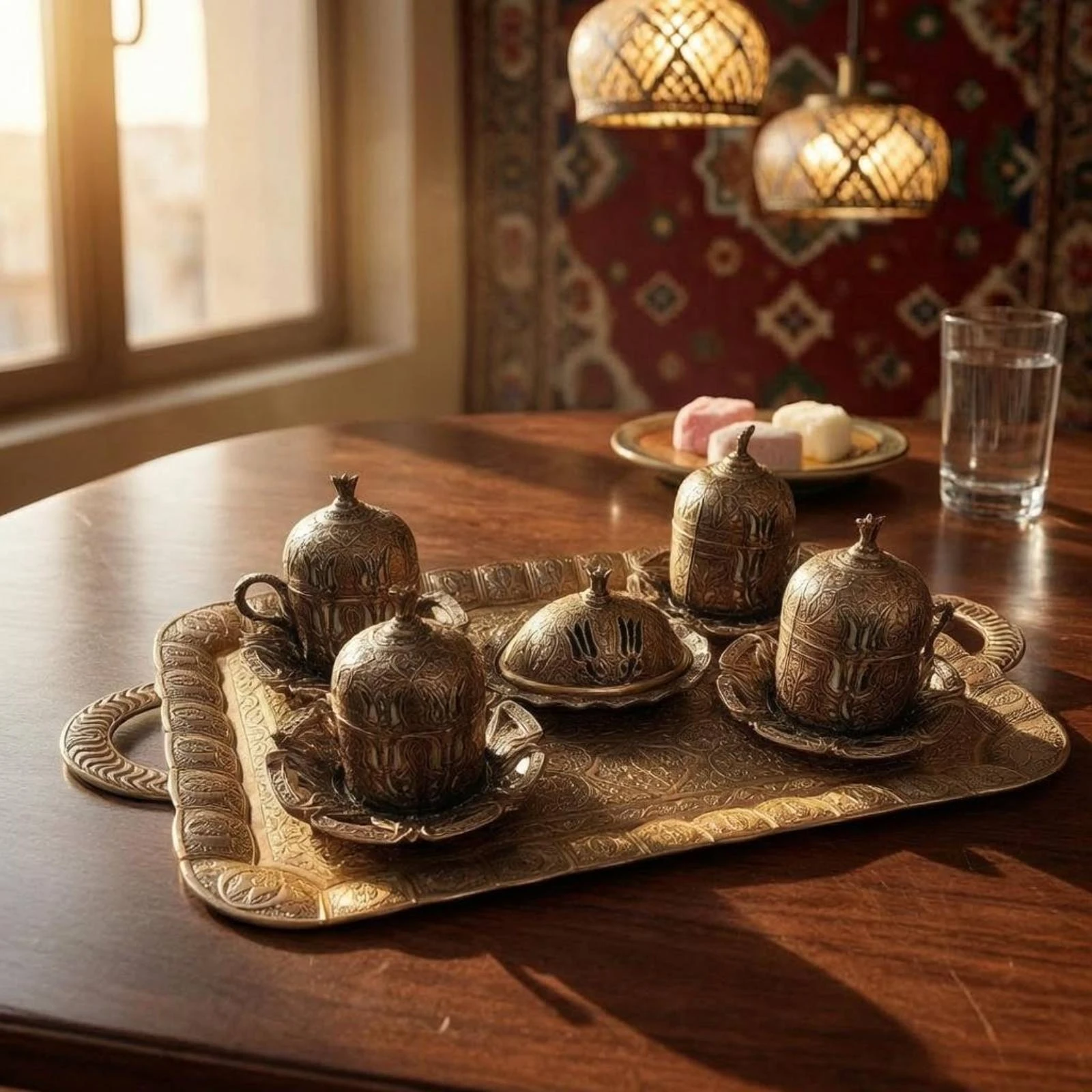 6 Pieces Turkish Coffee Service Embossed Floral Turkish Coffee Set Serveware Floral Blossom Pattern Domed Lids