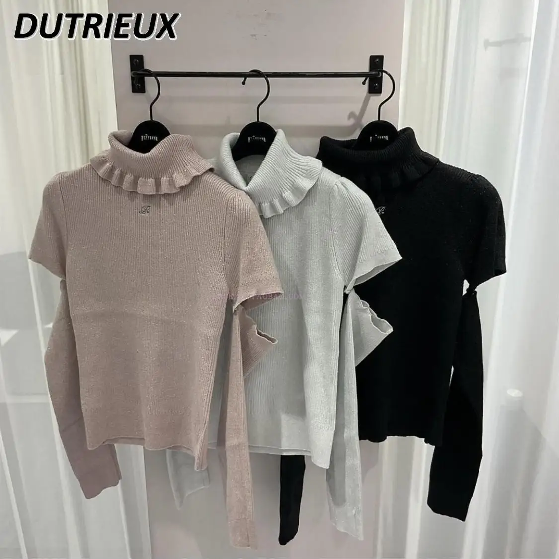 

Japanese Embroidered Pleated Lace Turtleneck Short-sleeved Sweater + Sleeves Sweet Girls Versatile Knitted Bottoming Shirt