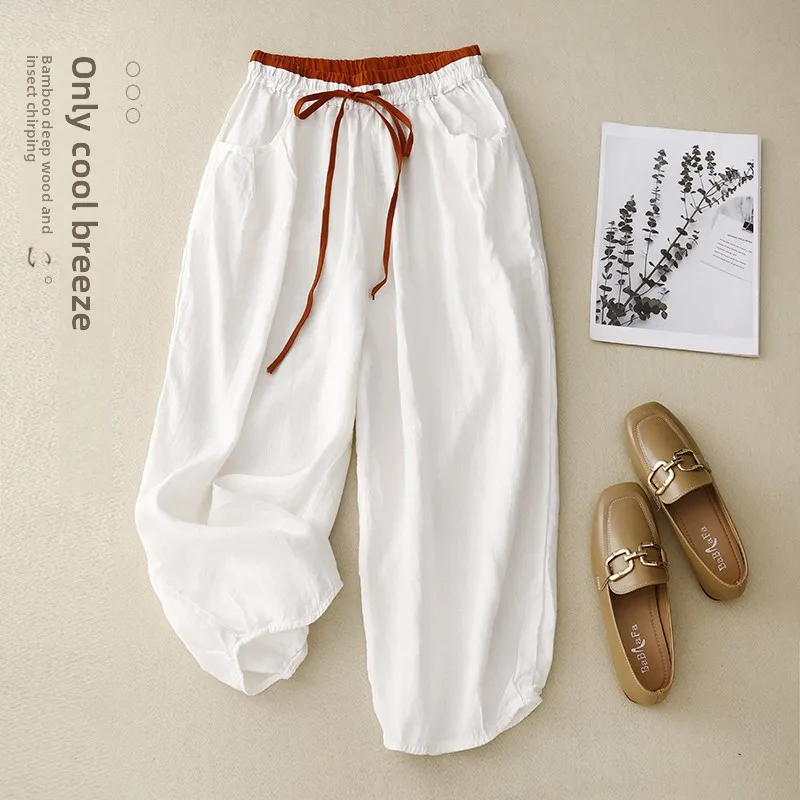 루즈핏 큰 사이즈 여성 하렘 팬츠 면 린넨 하이웨이스트 나인 포인트 랜턴 팬츠 캐주얼 팬츠 브랜드 태그 제거