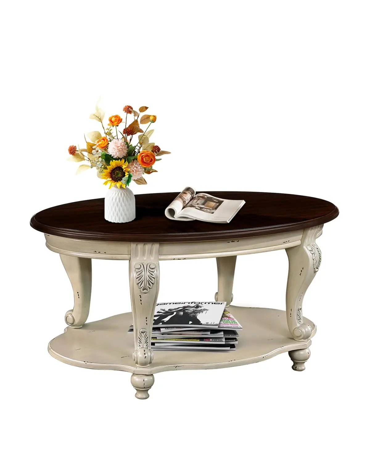 

Oval Light Wood Coffee Table Carved Legs Beige & Espresso Top 42 Inch Living Room, Customized