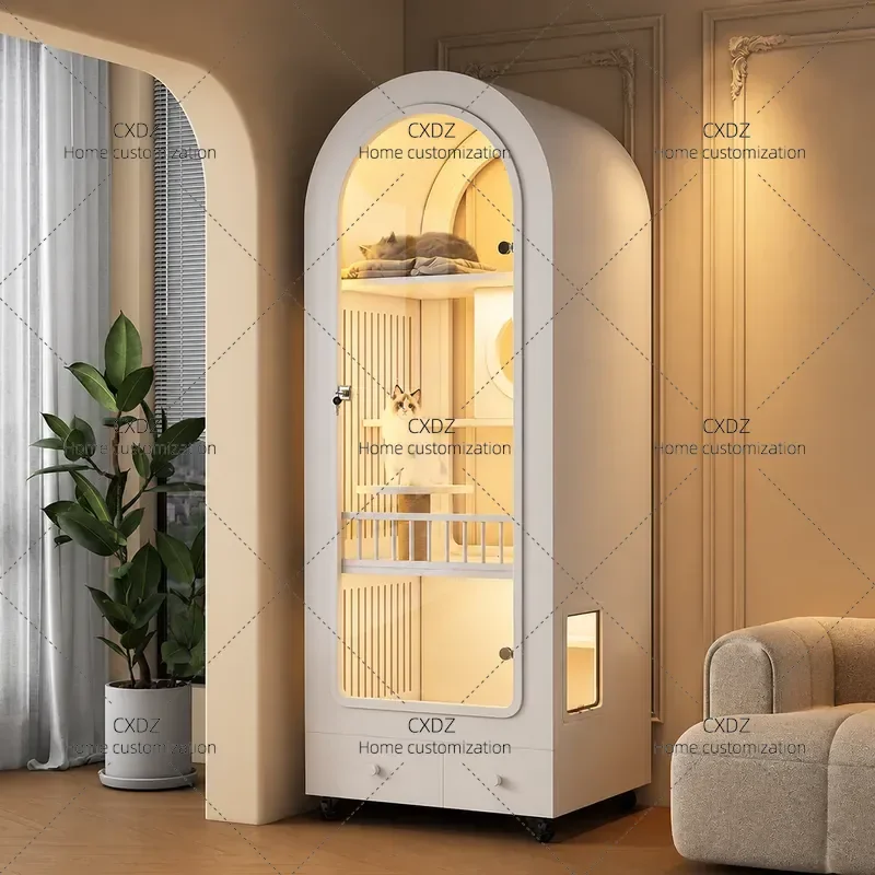 Arched Solid Wood Cat Villa Cabinet with Integrated Litter Box Indoor Pet House Space Saving Design No Cage Needed