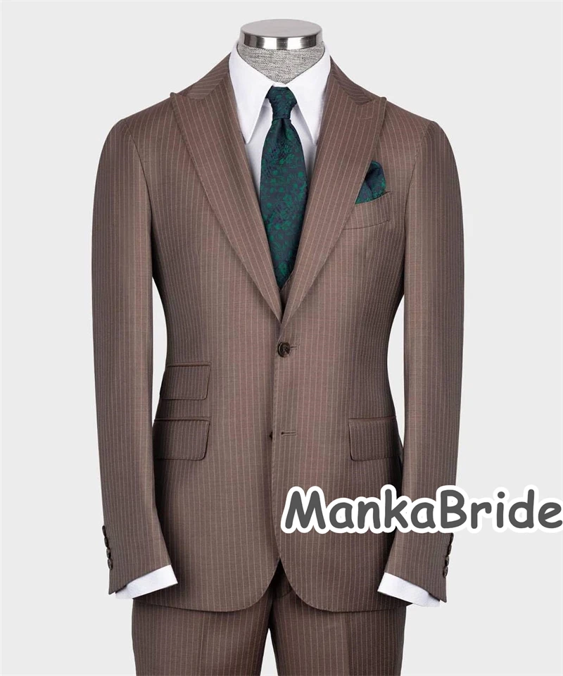 Trajes elegante Para Hombres Brown Striped Men's Suit for Wedding Groom Tuxedo 2 Vents Blazer Vest Pants Men Costume