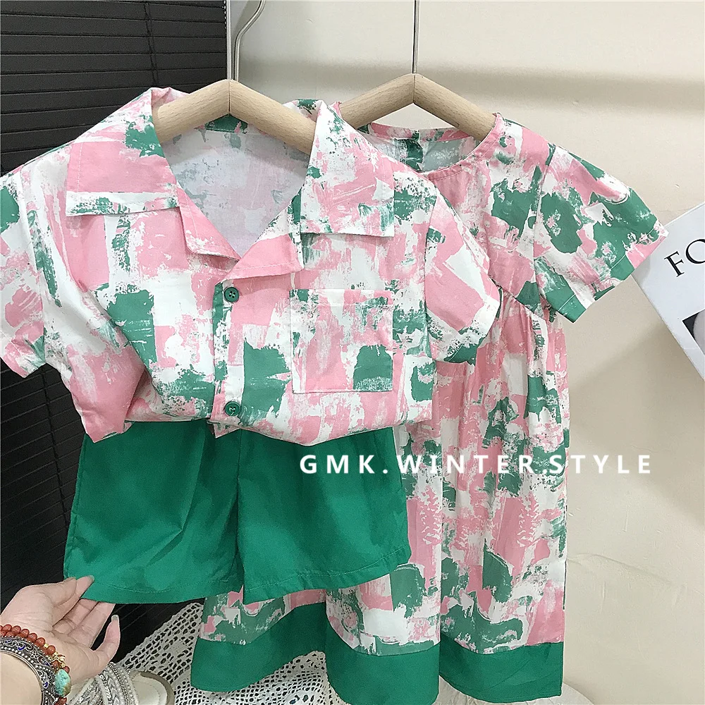 Children Sets Summer Boys Floral Cloth Shirt Shorts Baby Splicing Dress Causal 2024 Turn Down Collar Printing Lovely