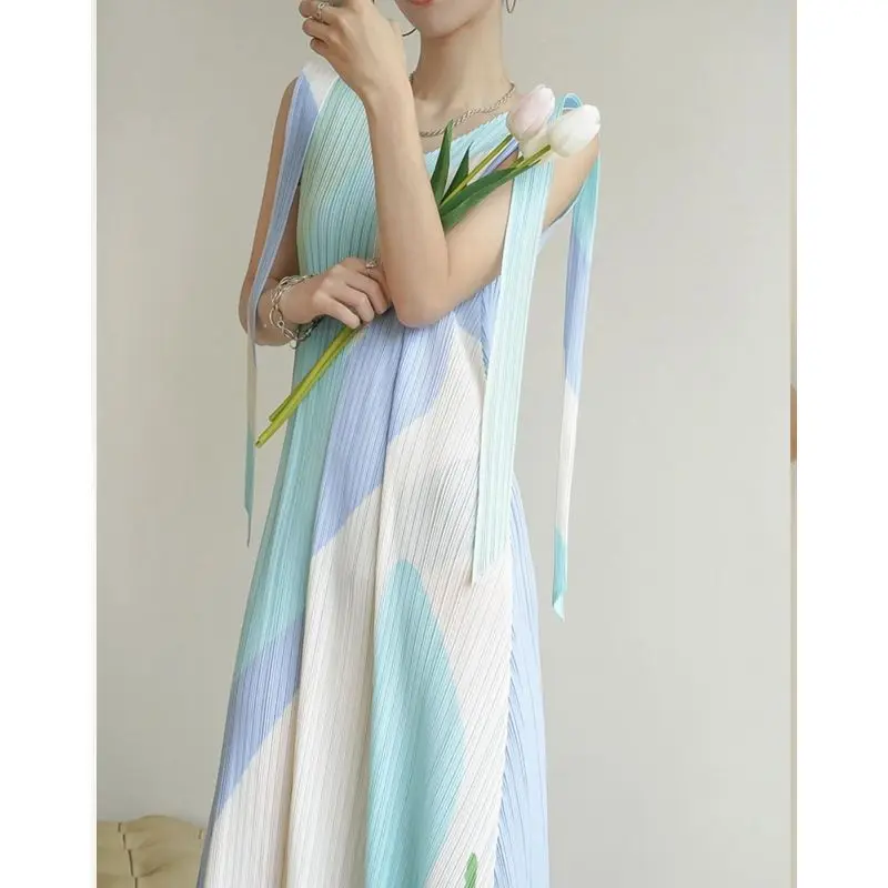 

Sleeveless Split Tank Dress for Women's Summer Contrasting Print V-neck Camisole Long Dresses