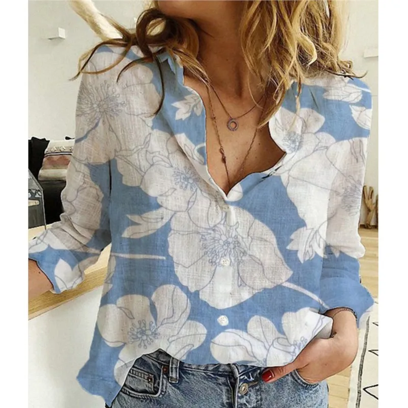 

Elegant Women's Casual Loose Fitting Long Sleeved Linen Shirt 2024 Women's Fashionable Printed Lapel Single Breasted Shirt