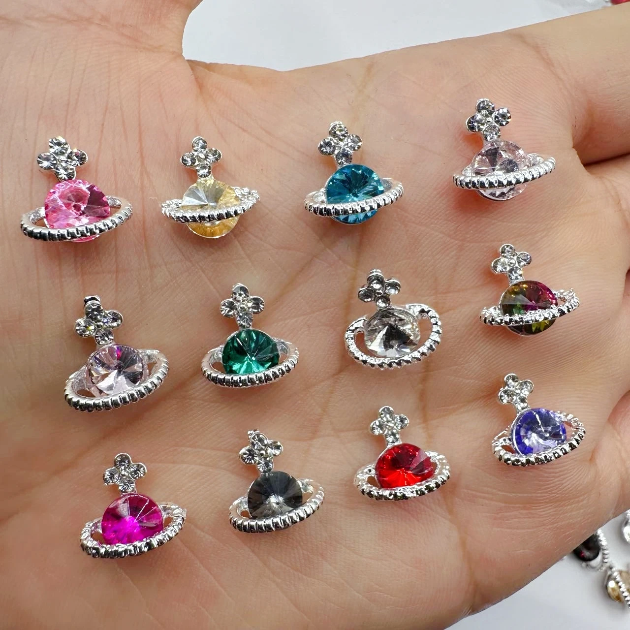 10pcs Silver Alloy Planet Nail Charms Jewelry Colorful Luxury Nail Rhinestones DIY Nail Art Decorations Accessories Planet Gems