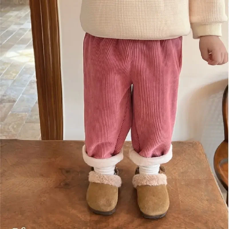 Autumn Winter Children Clothes Fleece Lined Solid Color Corduroy Pants Warm 1-6Y Boys Girls Loose Casual Trousers