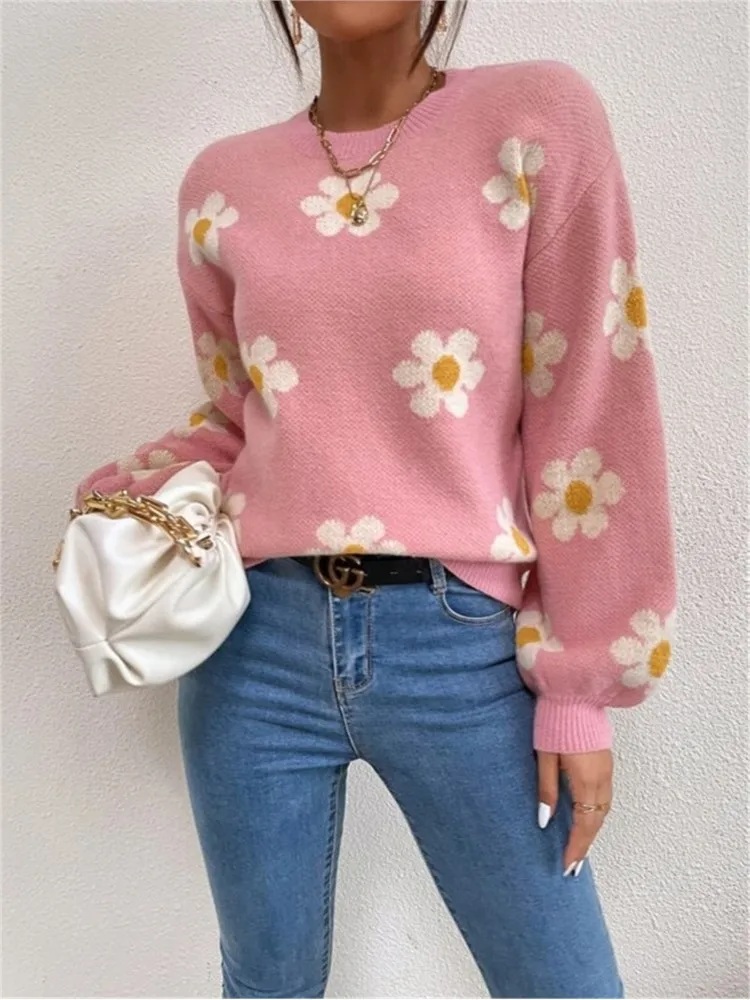 

New Autumn Clothes Woman Pulls Femmes Loose Pullover Knitted Crew Neck Sweater All-match Simple Style Comfortable Floral Print