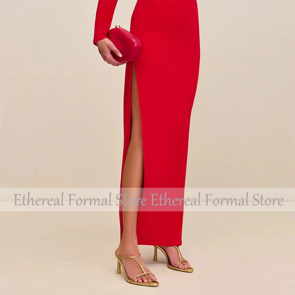 Mermaid Women's Evening Gown Red Evening Dress For Wedding  Long Sleeves  Slit Simple Anekl Length Formal Dresse2025