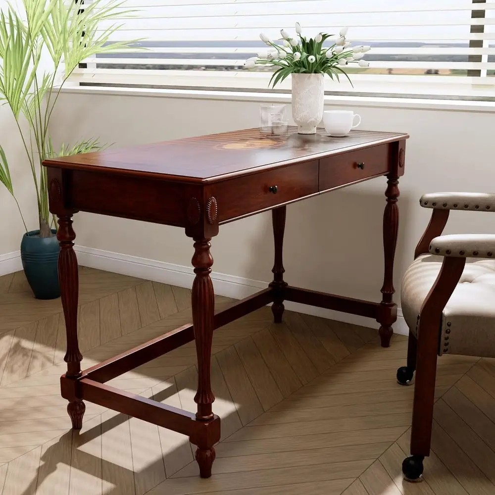 

Cherry Red Walnut 46 Solid Wood Desk with 2 Drawers for Home Office and Vanity Writing