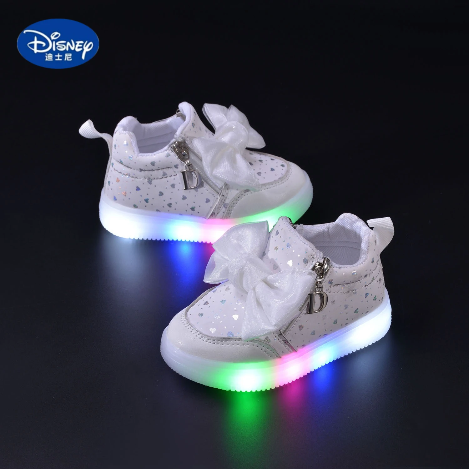 Tênis com laço iluminado Disney 2025 – Sapatos com sola macia com tema de princesa para meninas, sapatos casuais confortáveis e modernos