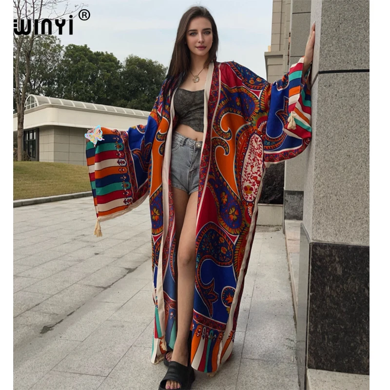 Winyi Zomer Nieuwe Boho Print Strand Cover Up Zwempak Elegant Afrikaanse Vrouwen Vest Sexy Vakantie Lange Mouw Kimono Maxi Jurk