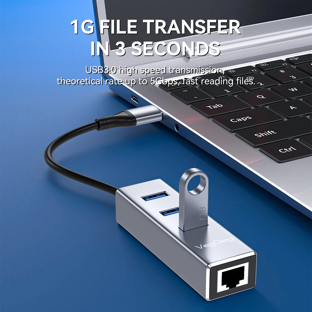 VegGieg USB C/USB 3.0 to Gigabit Ethernet Adapter 1000Mbps RJ45 LAN with 3-Port USB Hub for Laptop PC