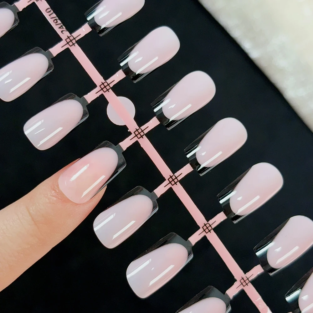 120 Uds. Uñas postizas de punta francesa con borde negro brillante, 12 tamaños, longitud media, prensa cuadrada en uñas, acabado de cobertura completa brillante, punta de uñas falsa