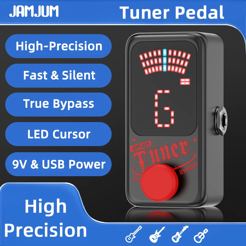 JAMJUM Mini Guitar Tuner Pedal High Precision LED Display True Bypass Chromatic Tuner Effect Pedal 9V & USB Power for Electric G