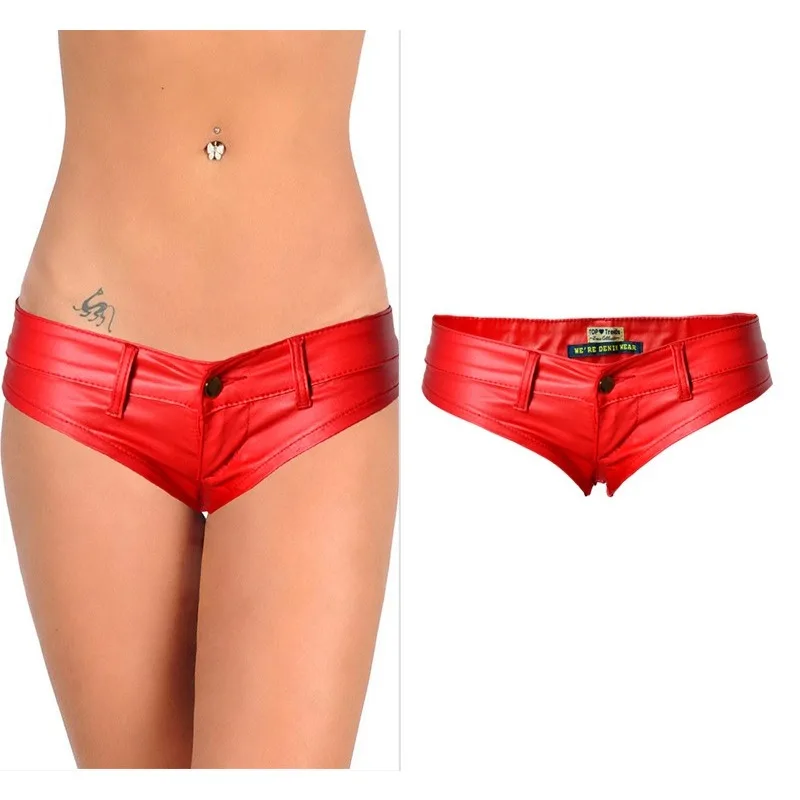 Nightclub Red Sexy Low Waist Elastic Denim PU Imitation Leather Button Zipper Shorts Women Hot Pants