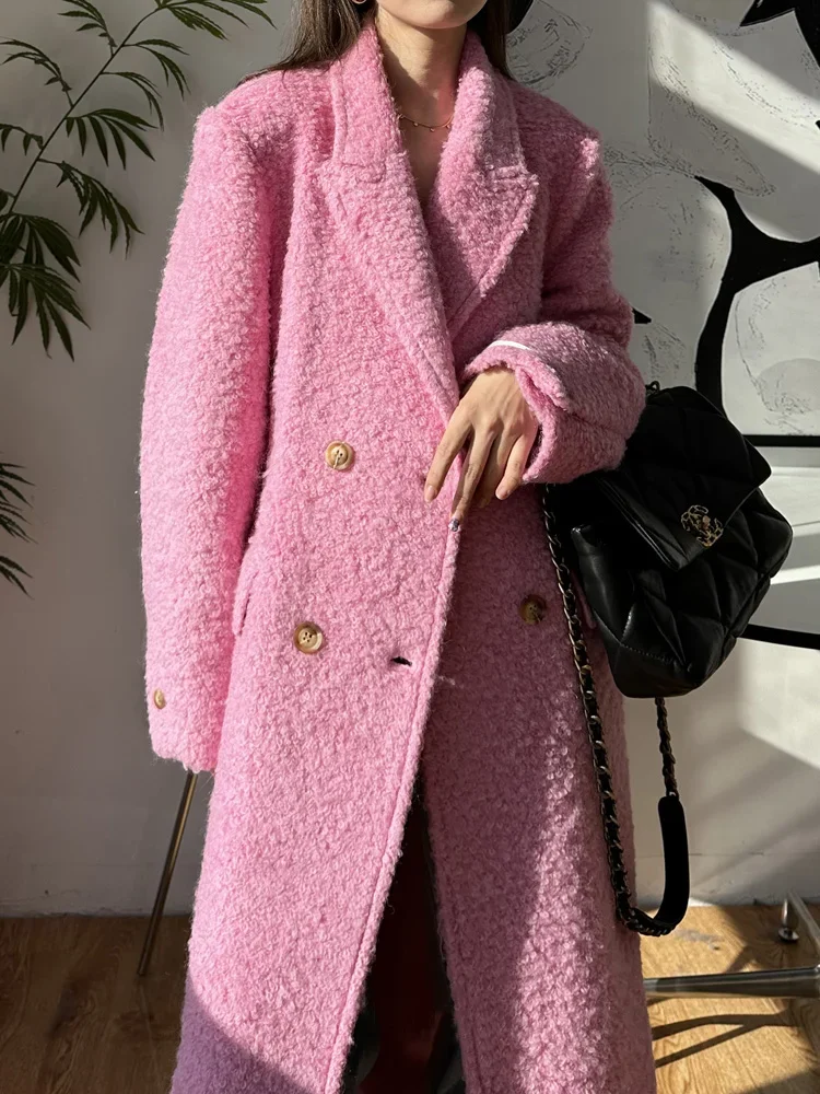 High-end Mohair Thick Wool Cashmere Circle Fur Coat Lengthen Women Loose Fashion Lapel Double Breasted Woolen Coat Autumn Winter