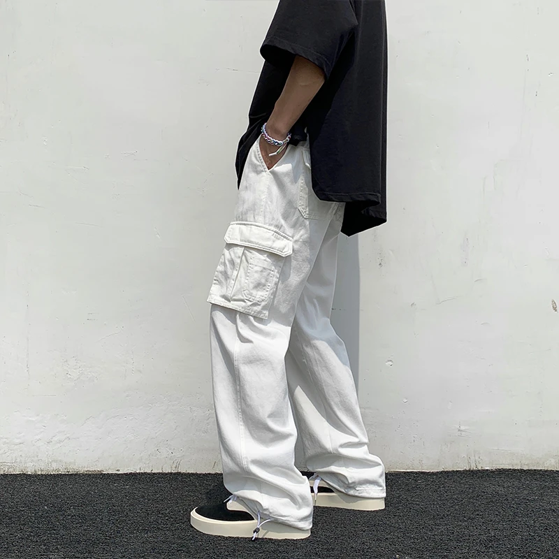 Black/white Casual Pants Men's Fashion Loose Straight Wide Leg Pants Men Streetwear Hip-hop Pocket Cargo Pants Mens Trousers