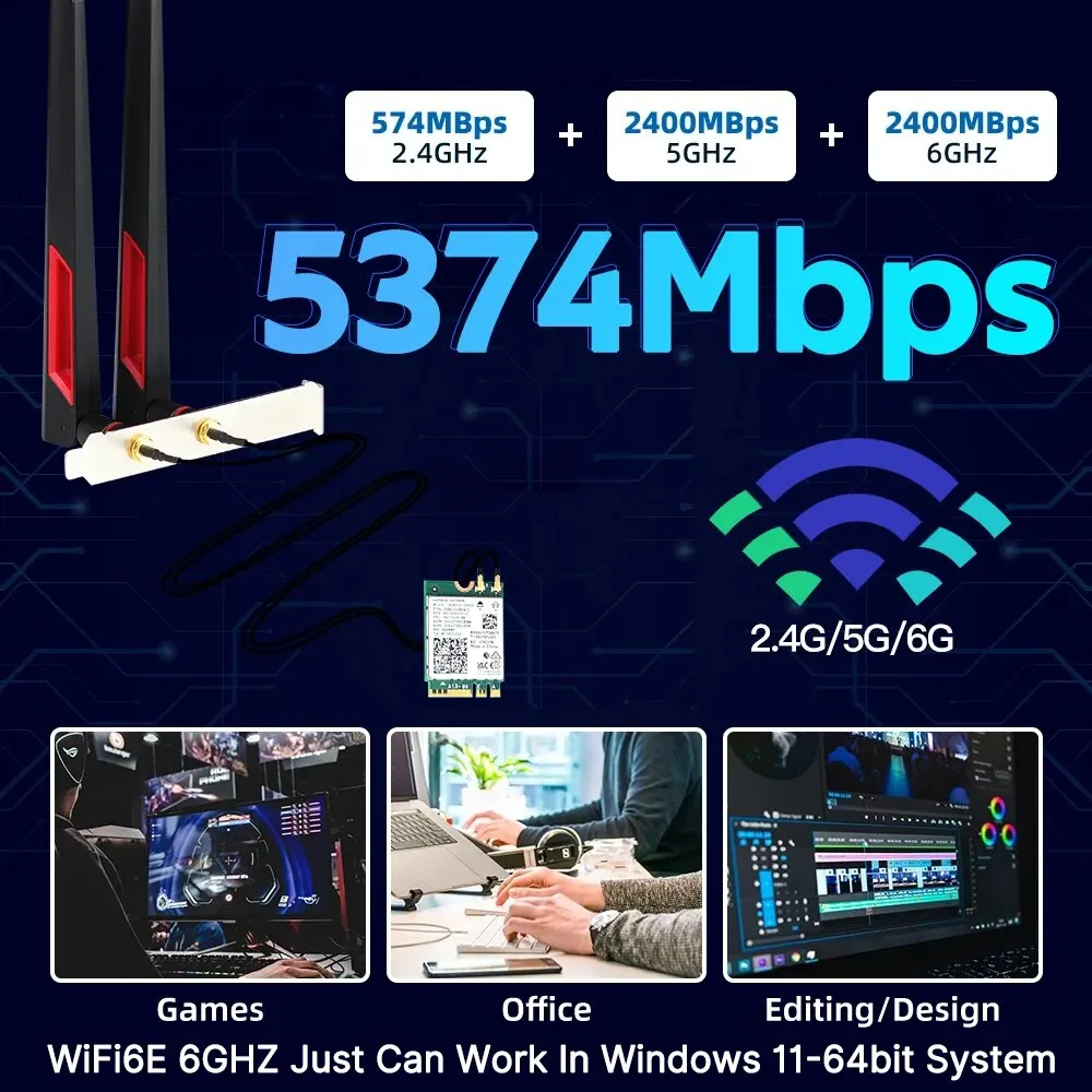 Adapter bezprzewodowy WiFi 6E AX210 M.2 2.4G/5G/6GHz Bluetooth 5.3 Wi-Fi 6 AX210NGW NGFF 10DBI Zestaw anten do komputerów stacjonarnych/PC Win10/11