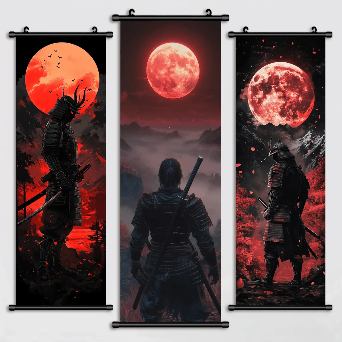 VIKAMA Japanese Samurai Scroll Tapestry, Dark Red Blood Moon Cherry Blossom Mountain Scenery Wall Hanging Decor, Home Decoration