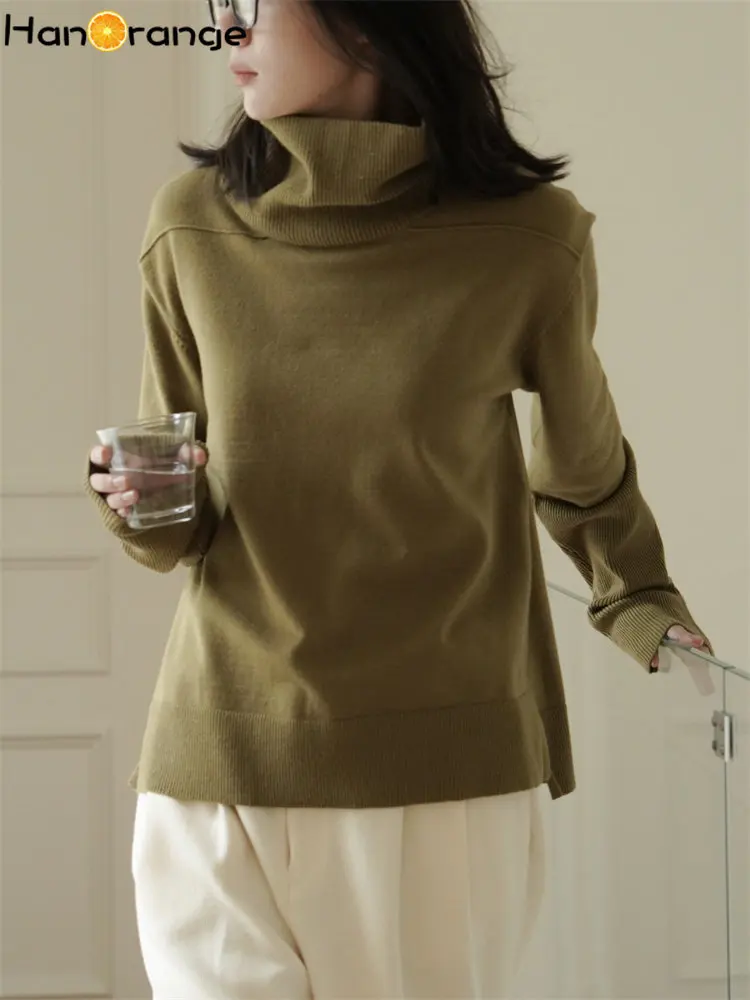 HanOrange 2024 Winter Simple Turtleneck Knit Undercoat Lightweight Warm Lazy Women Thick Top Black/Off White/Olive Green