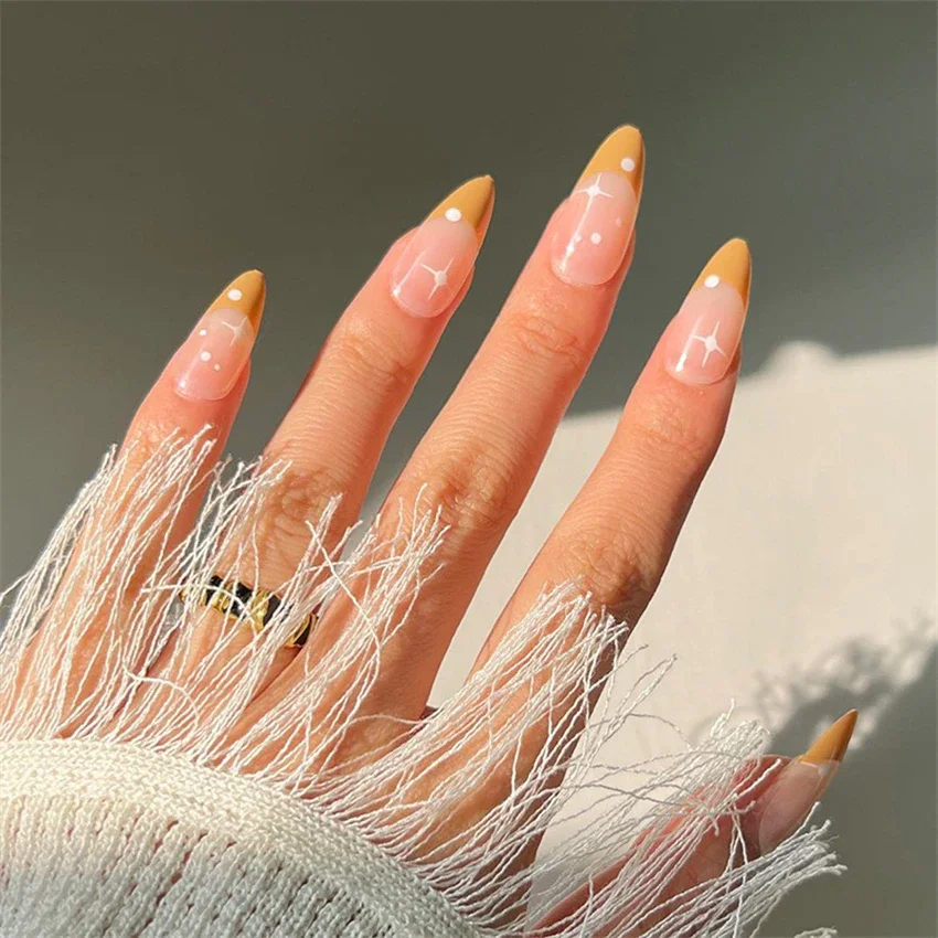 24Pcs/Set Yellow French Starburst Wearing False Nails Tips Full Coverage Press on Nail Removable Adhesive Acrylic Fake Nail Art